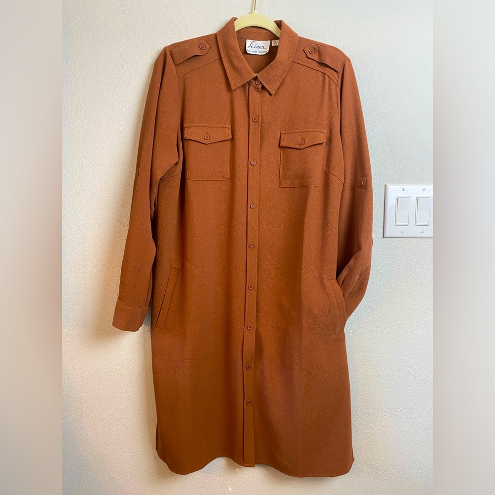 Linea By Louis Dell’Olio Brown Roll Tab Sleeve  Shirtdress M